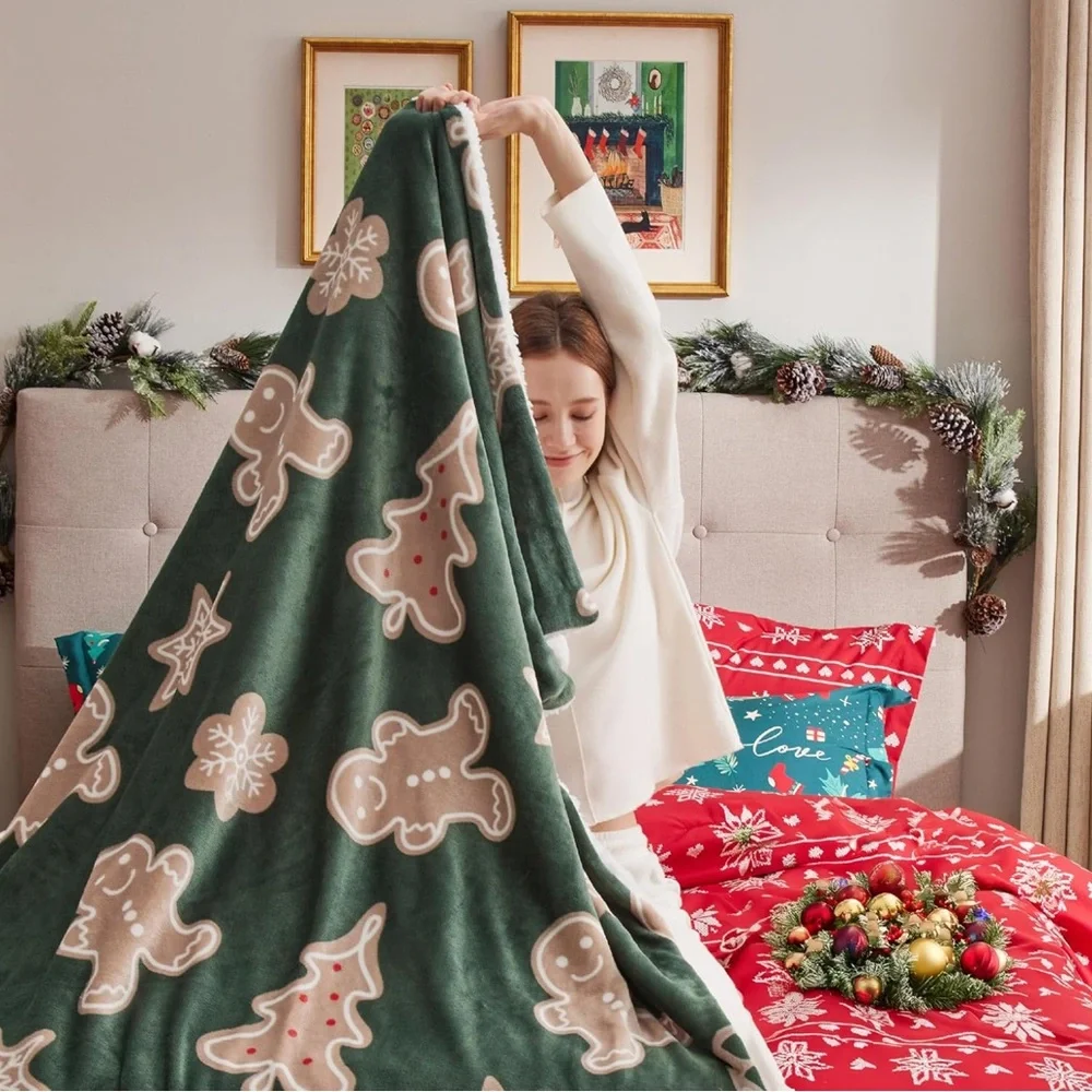 Festive Green Gingerbread Holiday Throw Blanket